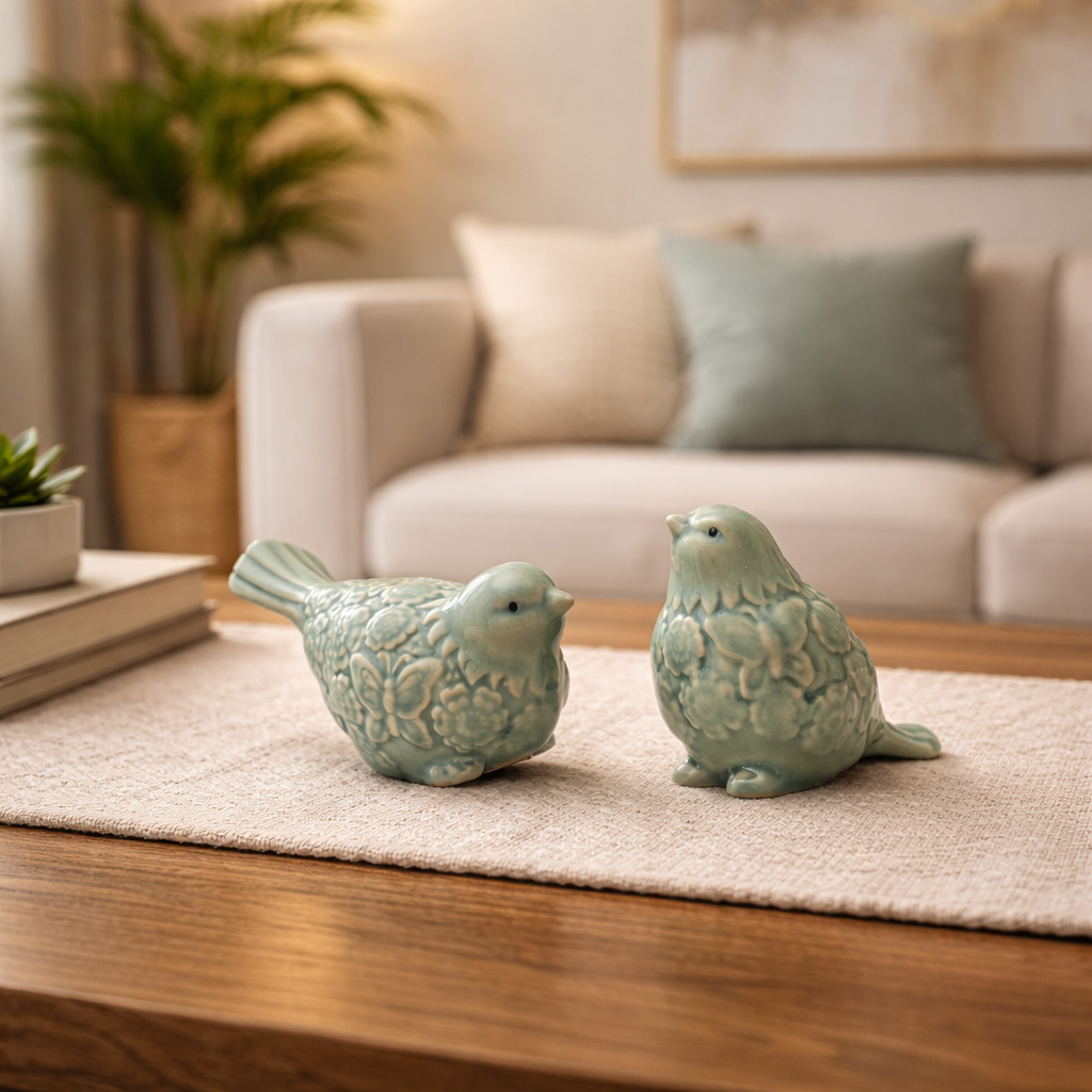 Two ceramic bird figurines on a coffee table in a living room setting.