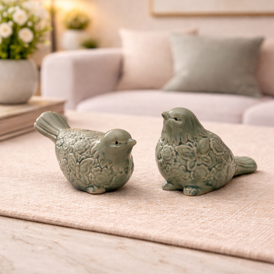 Elegant Sage Green Ceramic Bird Figurines (Set of 2)