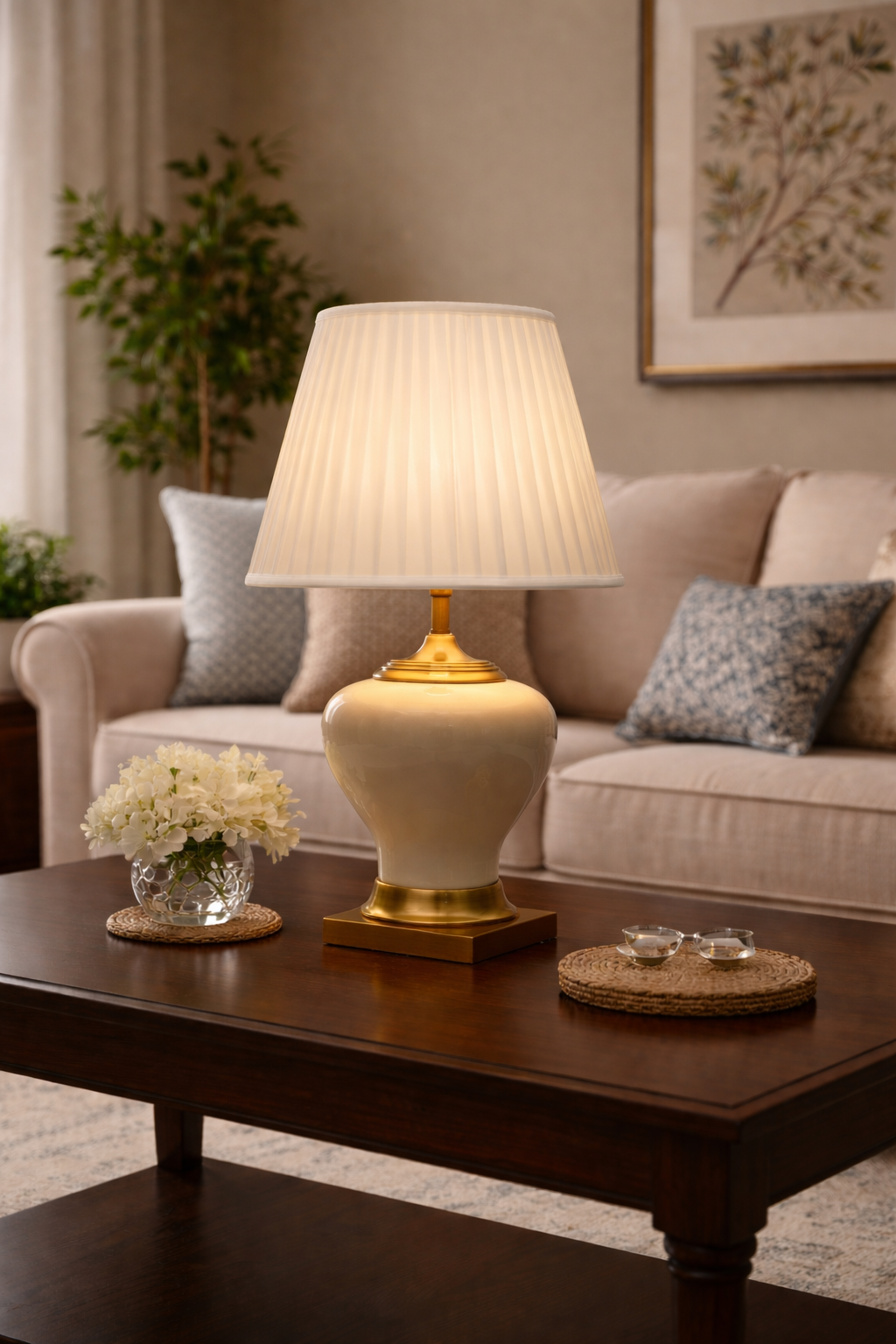 Luxury Neutral Ceramic Lamp with Gold Accent Base
