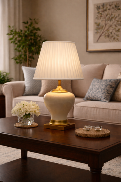 Luxury Neutral Ceramic Lamp with Gold Accent Base