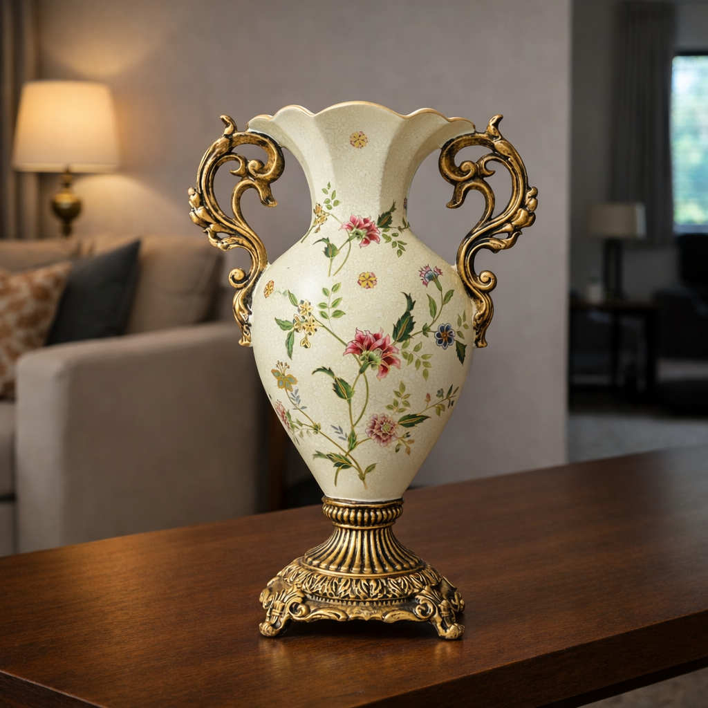 Vintage Floral Double Handle Pedestal Vase