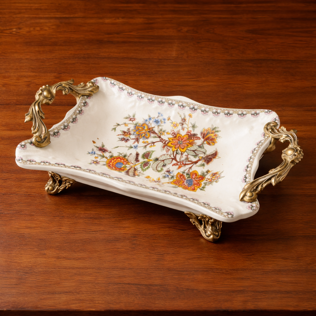 Vintage Floral Porcelain Serving Tray with Handles