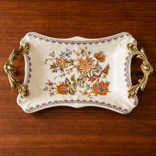 Vintage Floral Porcelain Serving Tray with Handles