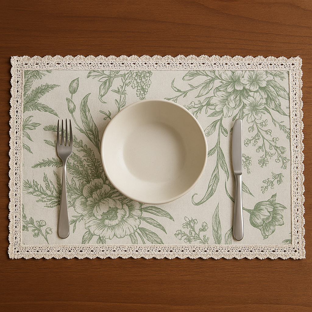 White and Green Floral Table mat with White Crochet Lace