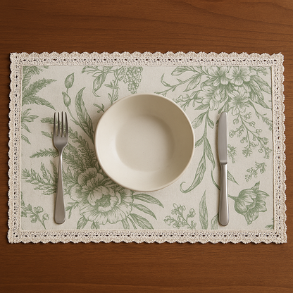 White and Green Floral Table mat with White Crochet Lace