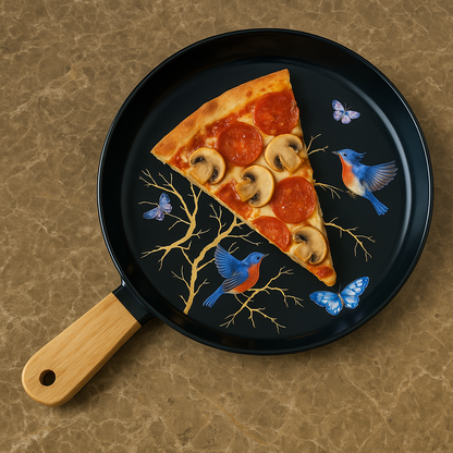 Pizza Serving Pan with Birds and Butterflies Design