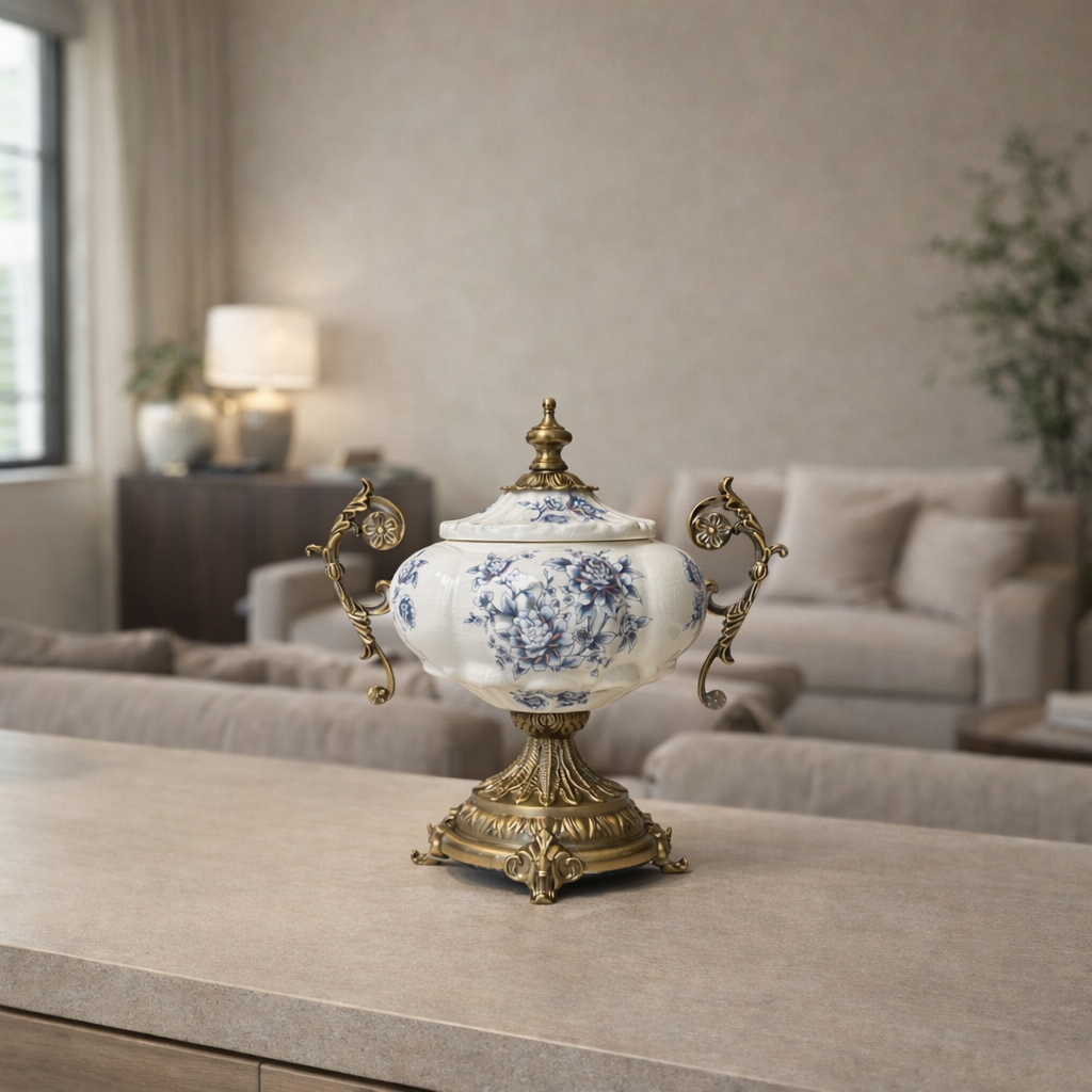 Vintage Porcelain Floral Urn with Gold Handles