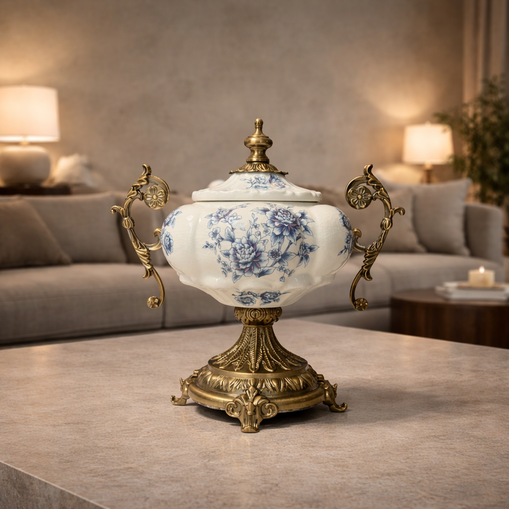 Vintage Porcelain Floral Urn with Gold Handles