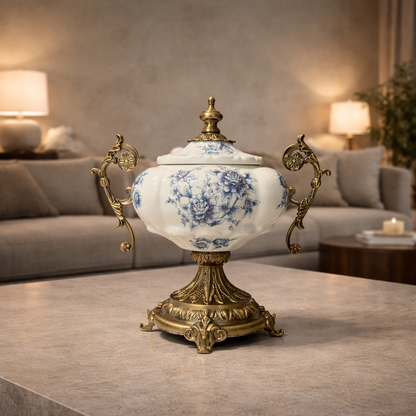 Vintage Porcelain Floral Urn with Gold Handles