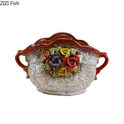 Ceramic Floral Vase with Multicolor Rose Accents