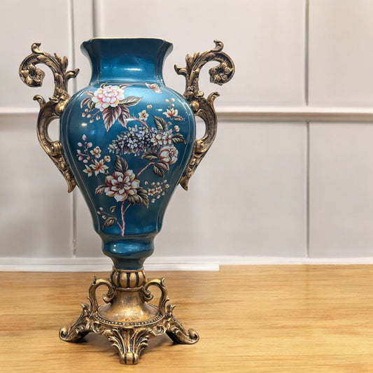 Floral Vase with Ornate Gold Handles - Decorative Vase
