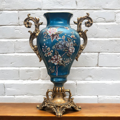 Floral Vase with Ornate Gold Handles - Decorative Vase