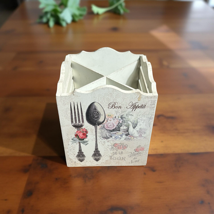 Cutlery Holder White Wooden Floral || 4 Partitions