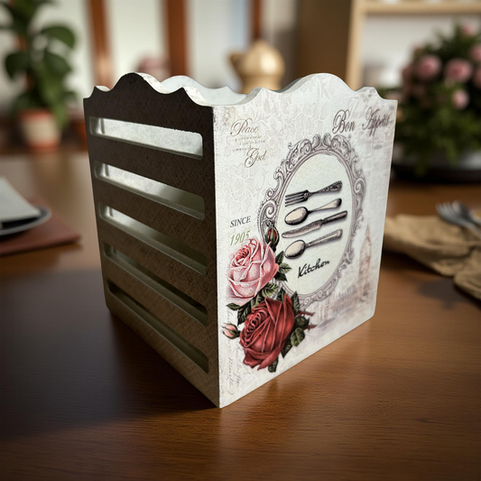 Cutlery Holder White Wooden Floral