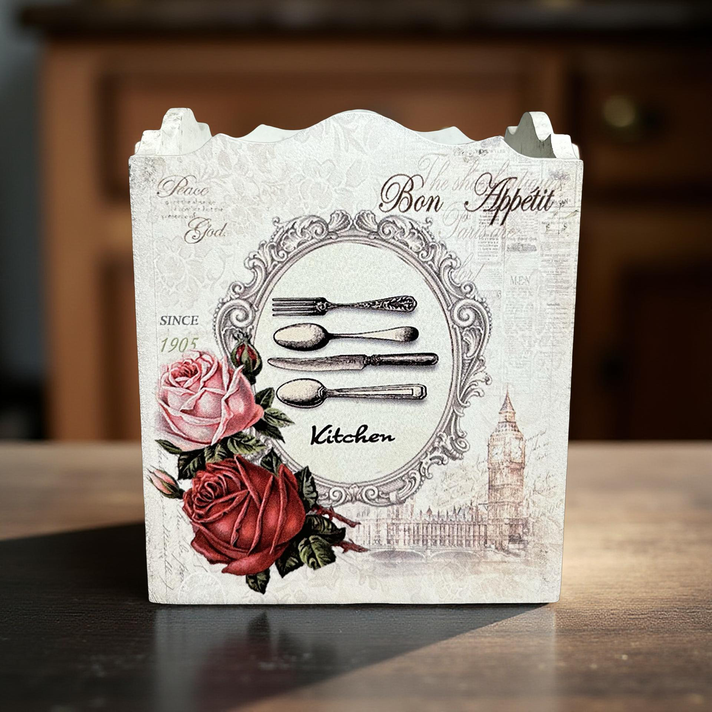 Cutlery Holder White Wooden Floral