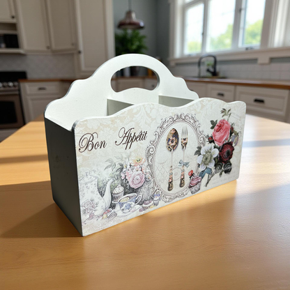 Cutlery Holder White Wooden Floral || 3 Partitions