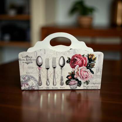 Elegant Cutlery Holder Yellow Wooden Floral || 3 Partitions