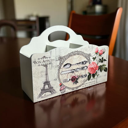 Elegant Cutlery Holder Wooden Floral 3 Partitions