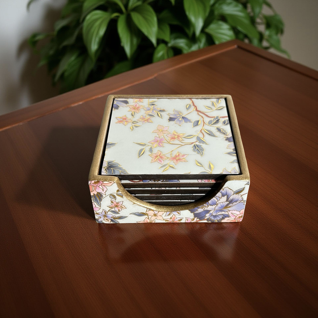 Tea Coasters Set of 6 with Stand