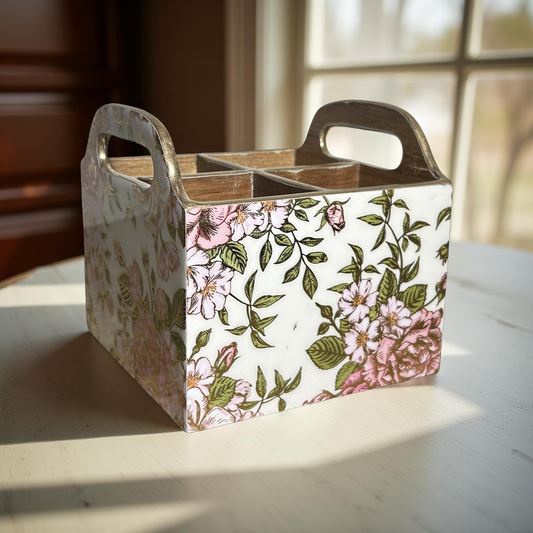Cutlery Holder Wooden Floral Pink with 4 Partitions