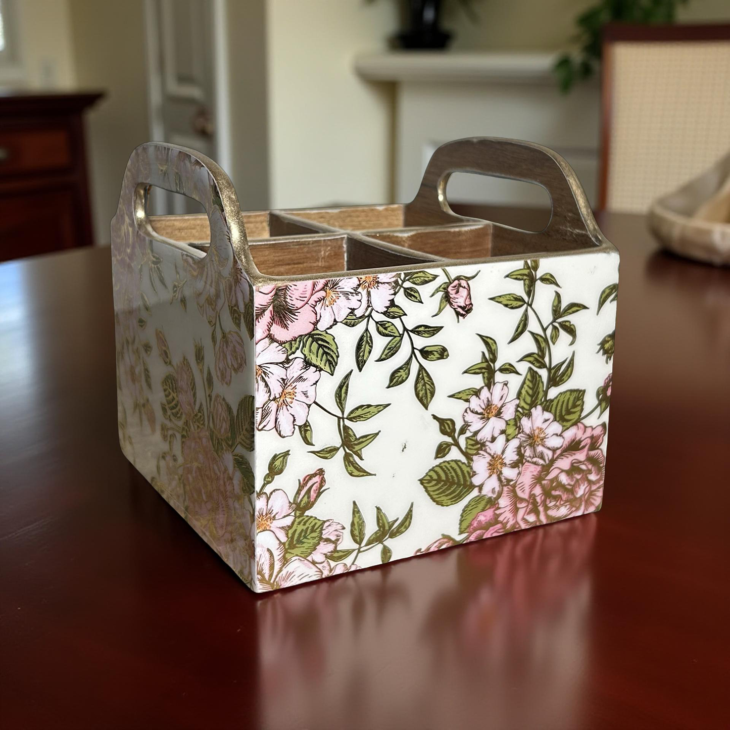 Cutlery Holder Wooden Floral Pink with 4 Partitions
