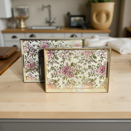 Wooden Glossy Floral Serving Tray Pink Blossom || Gold Plated Designs Small