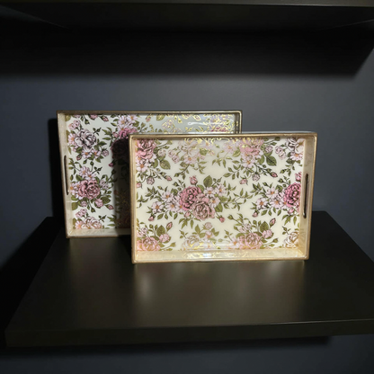 Wooden Glossy Floral Serving Tray Pink Blossom || Gold Plated Designs Small