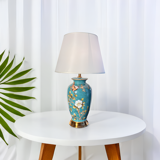 Elegant Blue Floral Table Lamp – Vintage Porcelain Lamp with Golden Base