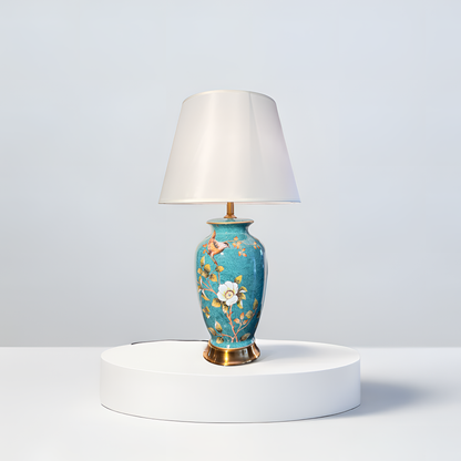 Elegant Blue Floral Table Lamp – Vintage Porcelain Lamp with Golden Base