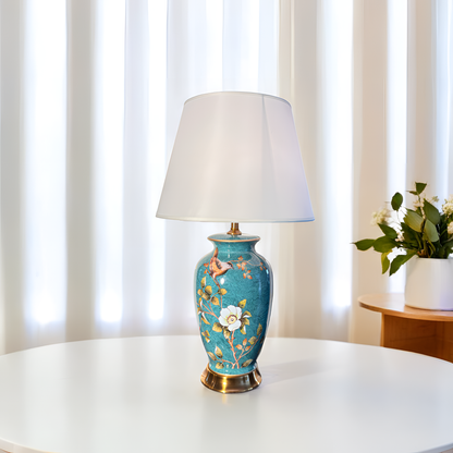 Elegant Blue Floral Table Lamp – Vintage Porcelain Lamp with Golden Base