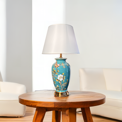 Elegant Blue Floral Table Lamp – Vintage Porcelain Lamp with Golden Base