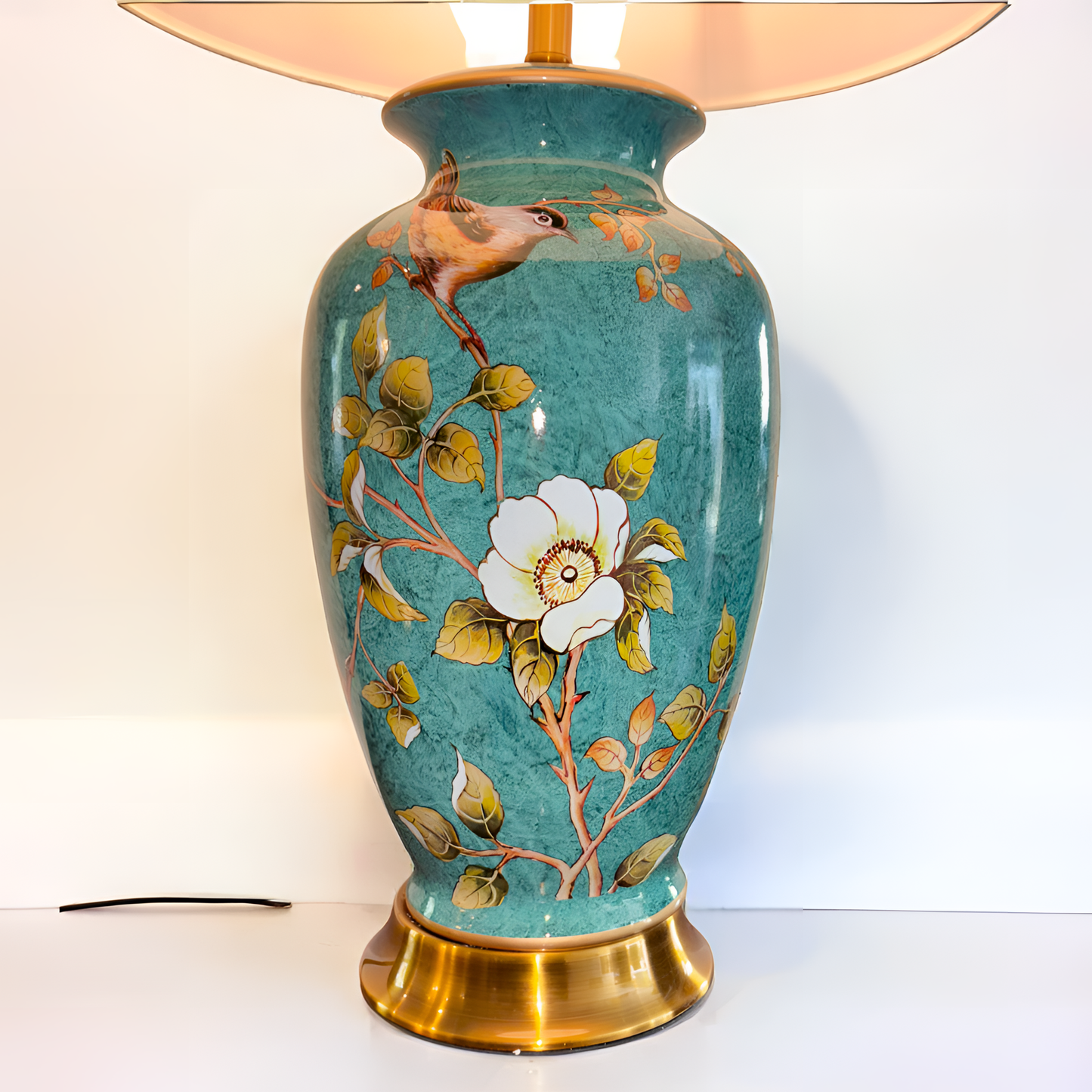 Elegant Blue Floral Table Lamp – Vintage Porcelain Lamp with Golden Base