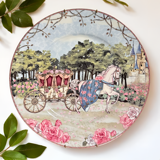Fairy Tale-Inspired Decorative Plate – Elegant Carriage with Castle & Floral Accents