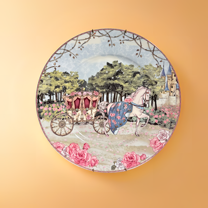 Fairy Tale-Inspired Decorative Plate – Elegant Carriage with Castle & Floral Accents