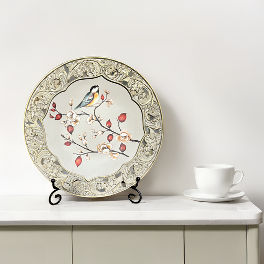 Vintage-Inspired Decorative Plate – Floral & Bird Design with Ornate Golden Detailing