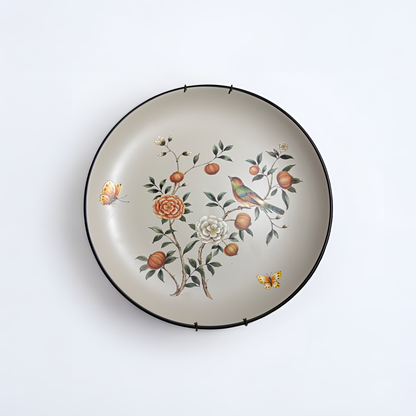 Hand-Painted Ceramic Wall Decor Plate – Elegant Floral & Bird Design for Home Aesthetics