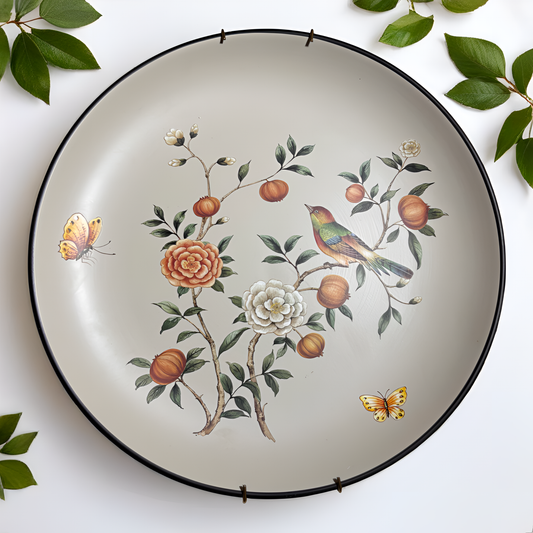 Hand-Painted Ceramic Wall Decor Plate – Elegant Floral & Bird Design for Home Aesthetics