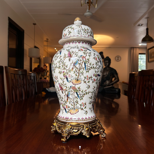 Vintage Floral Ceramic Ginger Jar with Ornate Golden Base