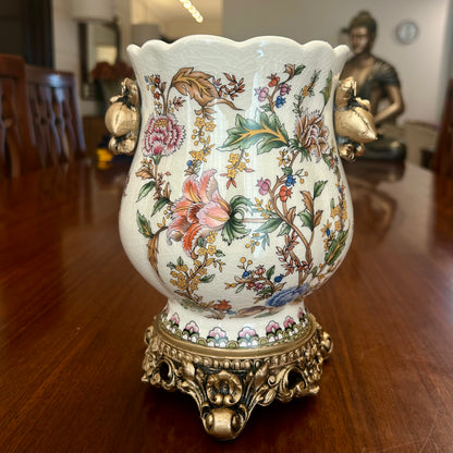 Luxury Floral Ceramic Vase with Golden Handles & Ornate Base