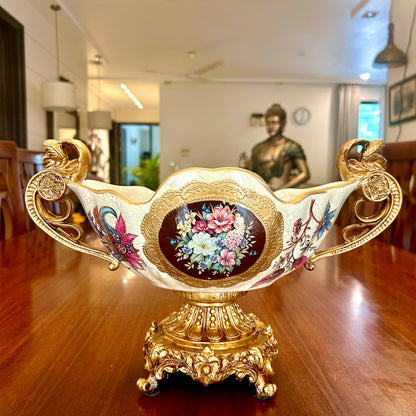 Grand Floral Ceramic Centerpiece Bowl with Double Golden Handles