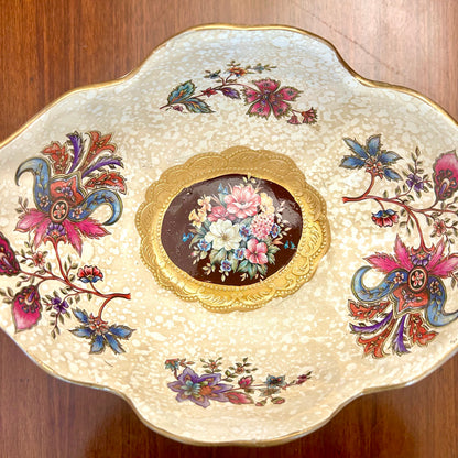 Grand Floral Ceramic Centerpiece Bowl with Double Golden Handles