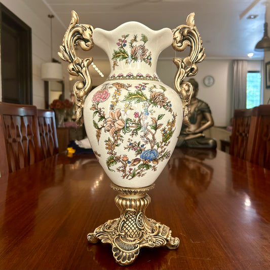 Vintage White Floral Vase with Gold Handles – Decorative Home Décor