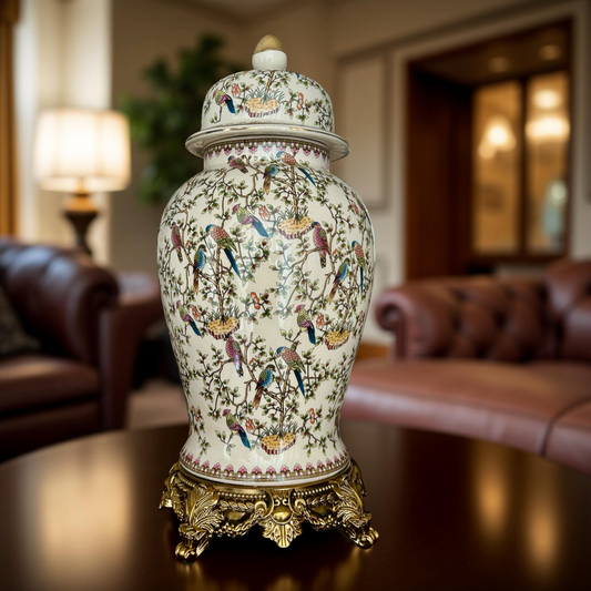 Handcrafted Ceramic Ginger Jar with Birds & Floral Design