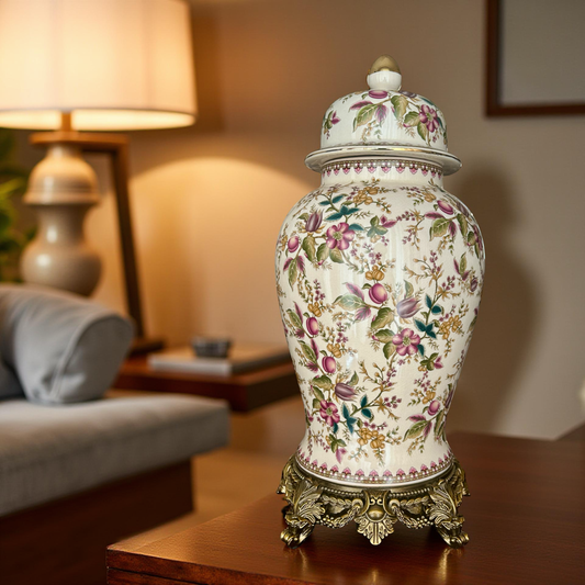 Elegant Pink Floral Ceramic Ginger Jar with Golden Base