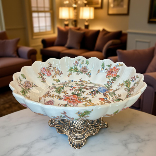 Floral Ceramic Serving Bowl with Ornate Golden Stand Oval