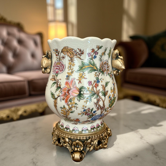 Luxury Floral Ceramic Vase with Golden Handles & Ornate Base