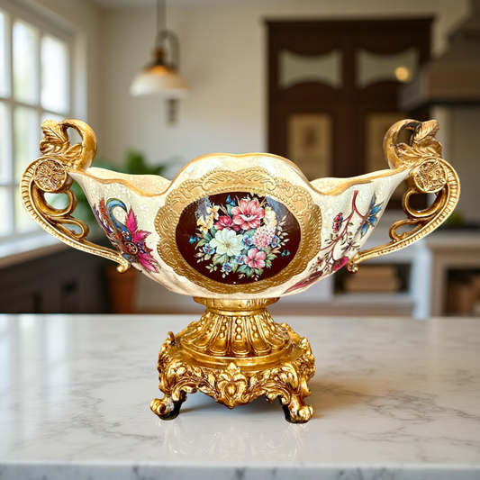 Grand Floral Ceramic Centerpiece Bowl with Double Golden Handles