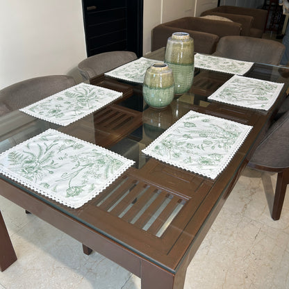 White and Green Floral Table mat with White Crochet Lace