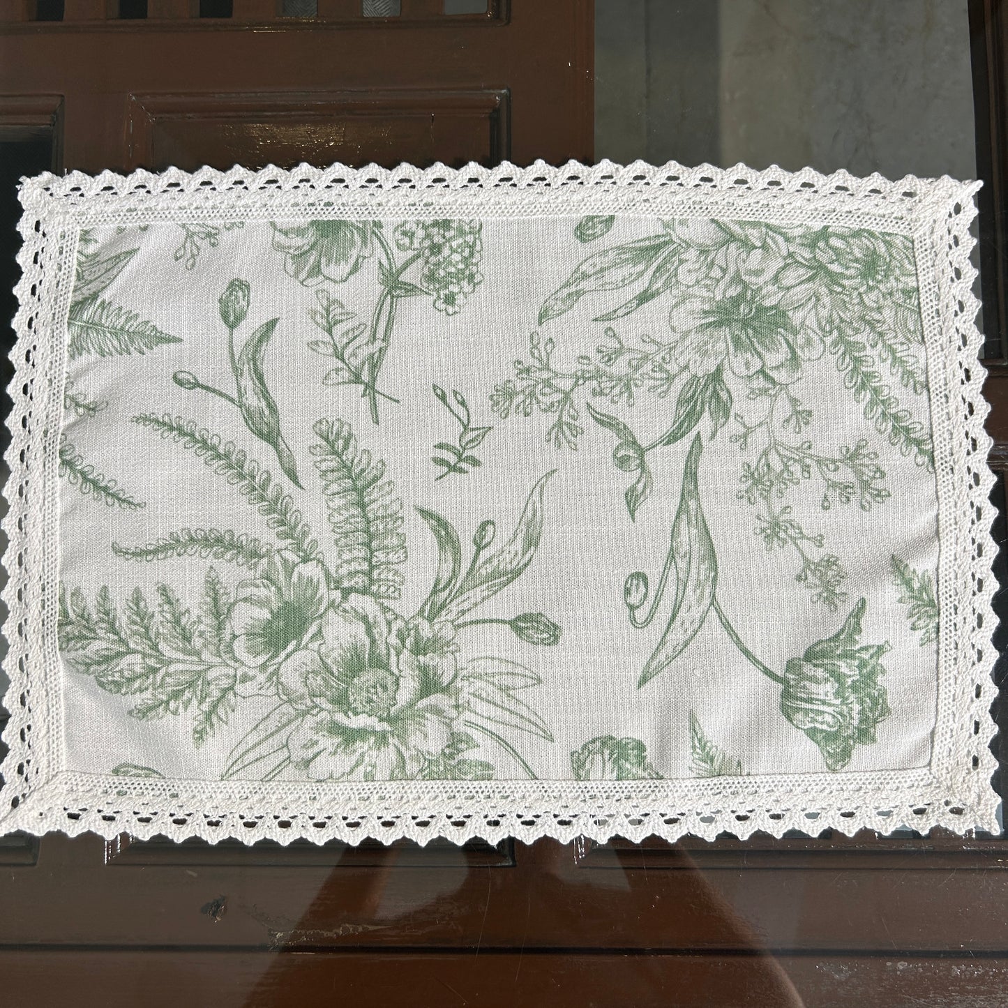 White and Green Floral Table mat with White Crochet Lace