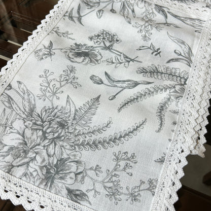 White and Grey Floral Table mat with White Crochet Lace